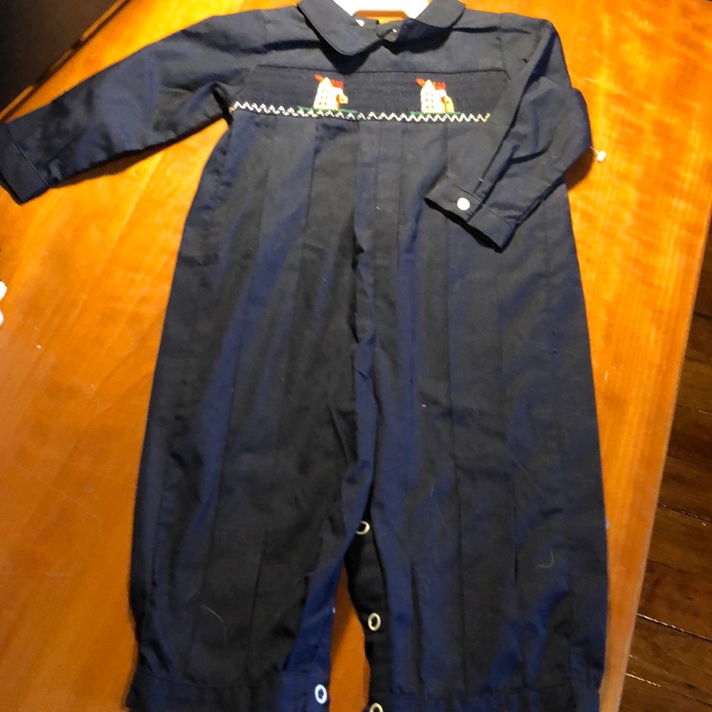 Vintage navy One Piece smocked with houses